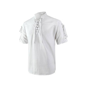 เสื้อเชิ้ตผู้ชายสีเทา ผ้าฝ้าย คอจีน แขนยาว สไตล์ลำลอง สีพื้น ผูกเชือกด้านหน้า คอตั้ง ใส่ได้ในฤดูใบไม้ร่วง - Product Image 2