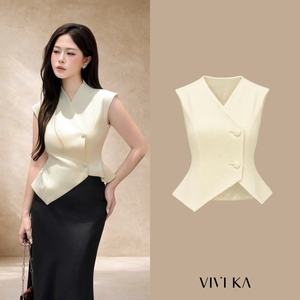 VIVI KA <b>Women</b> Elegant Solid Cream V-Neck Vest Short <b>Waistcoat</b> Asymmetrical Hem Covered Button 100% Polyester GLENDA - Product Image 1