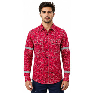 Chemise de travail unisexe en coton imperméable rouge réfléchissant à manches longues, haut d'uniforme haute visibilité avec poche et imprimé bandana - Product Image 4