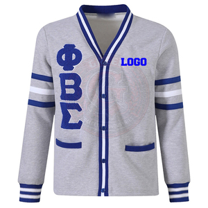 เสื้อคาร์ดิแกนแบบมีปก คอลเลคชั่นพิเศษสำหรับชมรมฟิ เบต้า ซิกมา สำหรับผู้หญิง คอวี สีเทา-น้ำเงินตัดกัน  เสื้อแจ็คเก็ตวาร์ซิตี้ผ้าฟลีซ 100% คอตตอนสำหรับผู้ชาย - Product Image 1