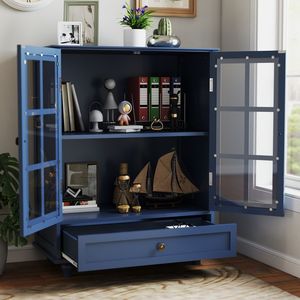 Credenza Moderna Minimalista in Legno Blu con Doppie Ante in Vetro e Cassetto per Soggiorno, Mobile Buffet per Stoccaggio - Product Image 3