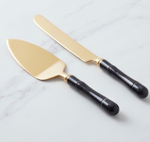 Ensemble de 2 spatules et couteaux à gâteau finition dorée avec manches noires, outils à gâteau en métal pour les fêtes - Product Image 3