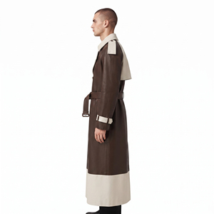 <b>Men's</b> <b>Long</b> Leather <b>Coat</b> with Belt <b>Men</b> Leather Side Pockets Trench <b>Coat</b> <b>Mens</b> Turn Down Collar Leather <b>Long</b> <b>Coat</b> - Product Image 3