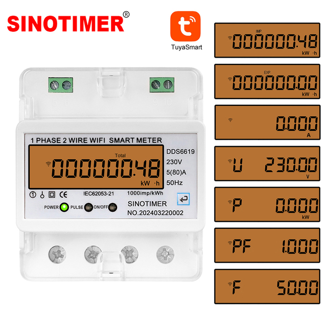 DDS6619-048 1-Phase WiFi Smart Energy Meter with Relay 5(80)A  230V Remote Power Control 8-Parameter Display with Switch