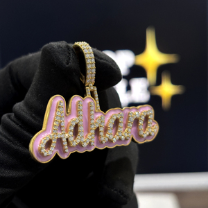 <b>Custom</b> Pink Enamel Script <b>Name</b> Pendant 925 Sterling Silver VVS Moissanite Iced Out Hip Hop <b>Necklace</b> Yellow Gold Personalized Rap - Product Image 5