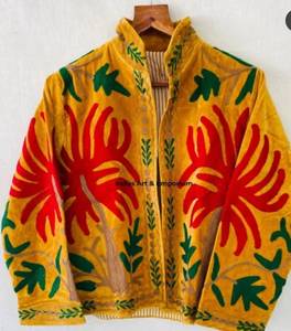 Yellow Velvet Hand Embroidered Floral Jacket <b>Women</b> Stand Collar Open Front Boho Casual <b>Spring</b> <b>Coat</b> Full Sleeve Regular Length - Product Image 3