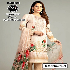 Costumes 3 pièces en lin pakistanais de créateurs de mode robe de mariée à bas prix avec broderie au cou et impression numérique - Product Image 2