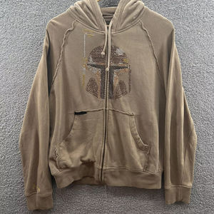 เสื้อฮู้ดดี้แฟชั่นผู้ชาย ตกแต่งด้วยคริสตัล ฮิปฮอป ดีไซน์วินเทจ ล้างสีแบบวินเทจ โลโก้คริสตัลแบบกำหนดเอง เสื้อฮู้ดดี้ซิปแบบลำลอง - Product Image 1