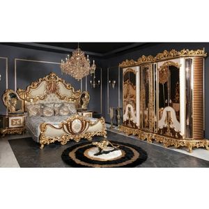 Ensemble de chambre à coucher de luxe en bois de mahogany massif, lit king-size sculpté à l'or, grand placard, 2 tables de nuit et coiffeuse - Product Image 1