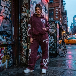 Women's Burgundy Graffiti <b>Heart</b> Hoodie Tracksuit Set White Printed <b>Sweatshirt</b> Wide Leg Pants Streetwear Two Piece Outfit - Product Image 5
