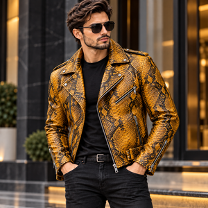 Mens Mustard Yellow Embossed Genuine Leather <b>Biker</b>/Motorcycle <b>Jacket</b> with Zipper Pockets Breathable Winter Wear - Product Image 1