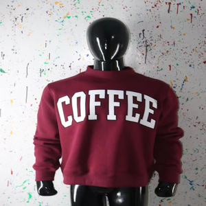 COFFEE BROWN <b>Mock</b> <b>Neck</b> Sweatshirt 100% WHITE Applique Embroidery wide <b>neck</b> Sweatshirt Finer Threads - Product Image 1