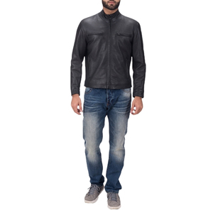Chaqueta de Motociclista de Cuero PU Negra para Hombre, Cuello Alto, Cierre de Cremallera, Color Sólido, Largo Regular, Estilo Biker de Otoño - Product Image 1