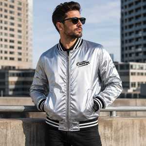 Custom Men's <b>Silver</b> Bomber <b>Jacket</b> Stand Collar Embroidered Front Logo Pullover Closure Satin Finish Casual Streetwear Winter - Product Image 1