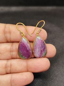 Boucles d'oreilles en pierre précieuse zoisite rubis naturel, en laiton massif plaqué or, longues boucles d'oreilles pendantes, cadeaux de mariage, meilleures ventes - Product Image 4