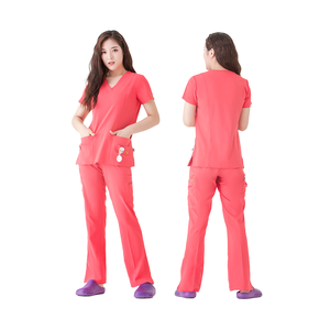 Ensembles de blouses et pantalons pour femmes en polyester et élasthanne, extensibles, pour infirmières, col en V, manches courtes, pantalon évasé, poche latérale, tissu tissé, usage hospitalier - Product Image 2