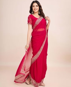KV <b>Red</b> Embroidered Pre-Draped <b>Saree</b> With Unstitched Blouse - Product Image 1