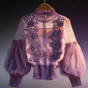 Hot sale on Temu stylish <b>purple</b> floral lace mesh <b>top</b> high neck puff sleeve sheer blouse for <b>ladies</b> - Product Image 2