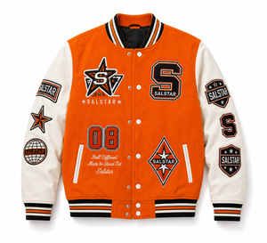 เสื้อแจ็คเก็ตเบสบอลแบบ Varsity Letterman สีส้มขาวสำหรับผู้ชาย พร้อมป้ายปักแบบ OEM ODM - Product Image 1
