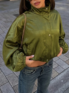 Silk Satin <b>Jacket</b> Olive Green Snap Button Cropped Stand Collar Balloon Sleeve Shimmer Wholesale - Product Image 2