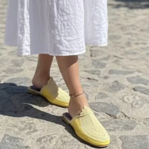 Handmade Yellow <b>Raffia</b> Slippers, Moroccan Summer <b>Sandals</b> - Product Image 1