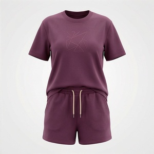 Ensemble 2 pièces pour femmes, t-shirt à manches courtes et short au-dessus du genou, imprimé géométrique uni, coupe ample décontractée, vêtements de printemps et d'été - Product Image 1