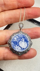 Collier ras du cou vintage en argent sterling 925 avec pendentif camée fleur ballerine bleue pour femme - Product Image 5