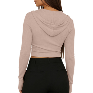 Top Corto con Capucha de Punto Acanalado Beige para Mujer, de Alta Calidad, ODM OEM, Manga Larga, Cierre Frontal con Cremallera, Color Sólido, para Otoño - Product Image 2
