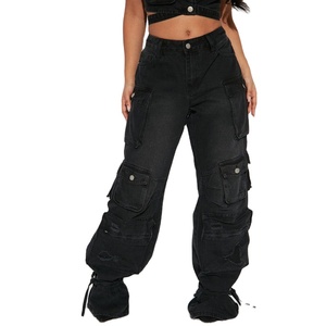 Women's <b>High</b> <b>Waist</b> Black <b>Cargo</b> Pants Loose Fit Full Length Streetwear Style With Multiple Pockets Button Fly Stonewashed Cotton - Product Image 3