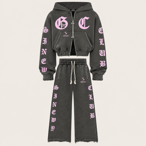 Women’s Washed Gothic Letter Print Cropped Hoodie & Wide Leg Sweatpants <b>Set</b> Custom Sinewy Sports Streetwear Tracksuit - Product Image 1