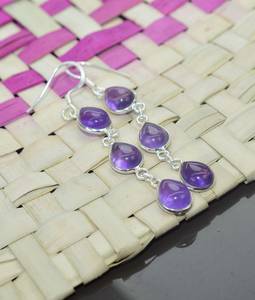 Amethyst 925 Sterling Silver 3 Stone Drop <b>Earrings</b> Peace Design Wedding Trendy Wholesale Gemstone Jewelry Export India - Product Image 3