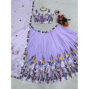 DISEÑADOR TABBY HILO DE BORDADO DE SEDA TRABAJO LEHENGA CHOLI CON DUPATTA LAVANDA Lungi - Product Image 4