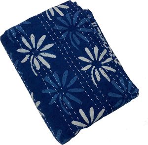 <b>Indian</b> Handmade Organic Cotton Vintage Reversible Kantha <b>Quilt</b> Eco-Friendly All-Season Wedding Home Hotel Floral Print Indigo - Product Image 3