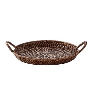 Chic Rattan <b>Woven</b> Serving Tray Wood Base Decorative Centerpiece for Living Room Coffee Table Home Furniture - Product Image 1