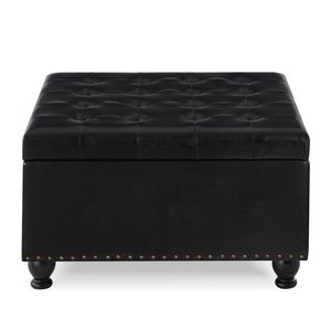 Pouf de rangement carré élégant avec pieds en bois, revêtement capitonné, finition noire - Product Image 3