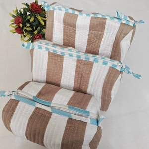 Sacs de maquillage en coton durable à rayures blanches et brunes imprimées, pochettes indiennes, trousse de rangement cosmétique de voyage - Product Image 6