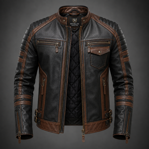 Custom Men's <b>Vintage</b> Leather Motorcycle <b>Jacket</b> Black Brown Genuine Leather <b>Biker</b> <b>Jacket</b> Quilted Lining OEM Wholesale - Product Image 1