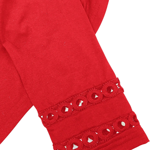 <b>Red</b> Lace Trim <b>Blouse</b> <b>Women</b> Three Quarter Sleeve Round Neck Solid Color Pullover Shirt for Daily Wear - Product Image 6