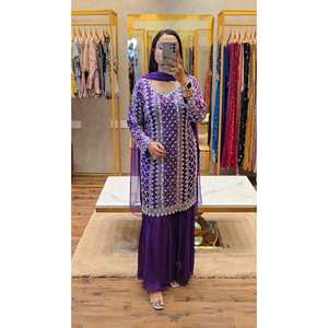 Conjunto de Fiesta de Dos Piezas con Top y Pantalones Palazzo con Bordado de Hilo y Lentejuelas, Talla XL - Product Image 3