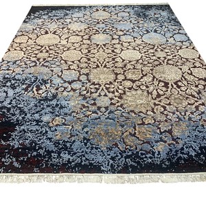Tapis en laine noué à la main à motifs floraux, bordeaux, bleu marine, ivoire, bleu clair, design vieilli, grande taille pour la décoration du salon et de la chambre - Product Image 2