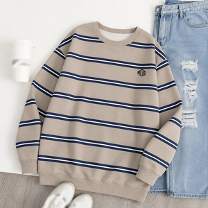Sudadera de Manga Larga para Mujer, Cuello Redondo, Rayas, Algodón, Felpa, Hombros Caídos, Corte Holgado, Estilo Urbano, con Impresión de Logotipo Personalizado - Product Image 4