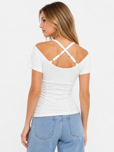 Women's Shirts Mocha Ring Accent Ruched <b>Tops</b> Layered V Neck Slim T-Shirt Wholesale Earth Tone Boutique Clothing OEM Factory - Product Image 5