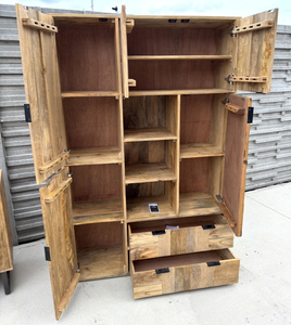 Modern Wooden Wardrobe With Flat Panel Doors 3 Shelves 2 Drawers 5 door <b>Sideboard</b> Solid Wood <b>Rustic</b> Bedroom Storage Cabinet - Product Image 4