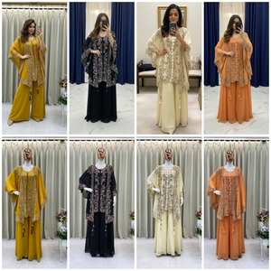 Ensemble haut brodé en faux georgette avec pantalon palazzo et shrug assorti, travail de sequins sur le devant et le dos, tenue de fête festive - Product Image 2