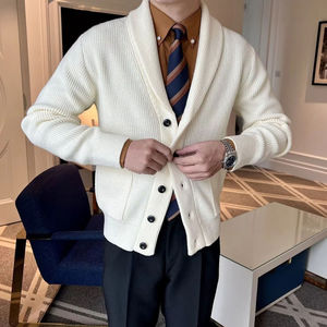 Cardigan en tricot crème de haute qualité pour homme, manches longues, boutons sur le devant, couleur unie, pull d'automne - Product Image 2