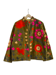 Women's Sage Olive <b>Velvet</b> <b>Jacket</b> With Crimson Floral Suzani Embroidery Full Sleeves Handmade Mandarin Collar Premium Outerwear - Product Image 1