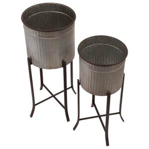 Set Of 2 Farmhouse Decorative Metal Bucket Plant Stands Industrial Rust-Resistant Flower <b>Pot</b> <b>Holders</b> With Tall Iron Pedestals - Product Image 4