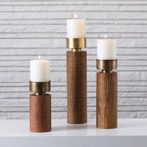 Ensemble de 3 bougeoirs rustiques en bois et métal, style nordique, pour centre de table, salon, maison, hôtel - Product Image 1