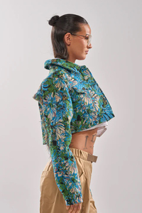 Chemise-veste à imprimé floral avec manches lanternes, col rabattu, style décontracté printemps, unisexe, viscose et coton, longueur courte - Product Image 2