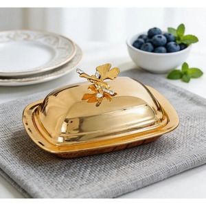 Gold Finished Butter Dish With <b>Butterfly</b> Design Lid Elegant Butter Storage Container Used For Serving Butter In A Luxurious Way - Product Image 1